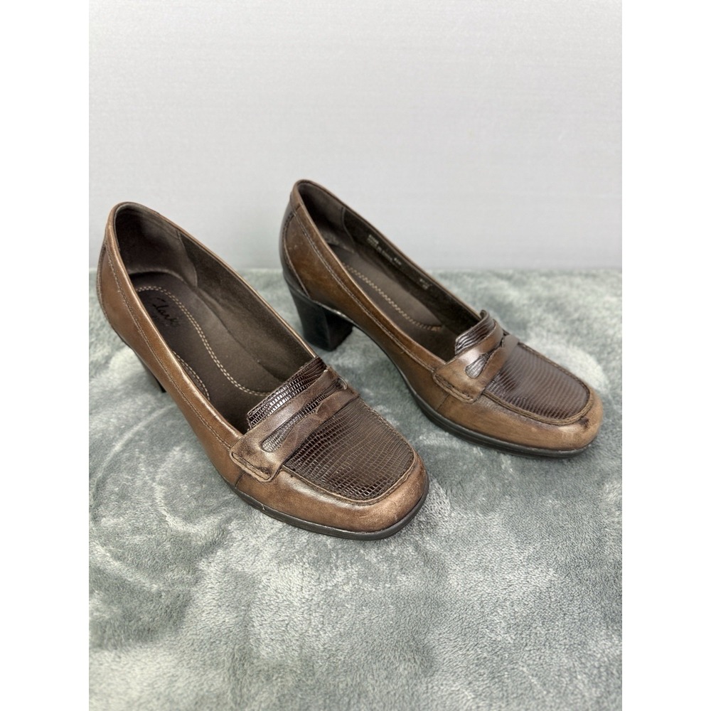 Clarks Bendables Women Brown Leather Penny Loafer Heels Shoes 83549 Size 8.5